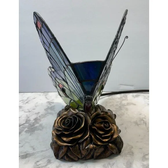 Tiffany Style Butterfly Accent Lamp Night Light Vintage Slag Glass Rose Base - Picture 8 of 16